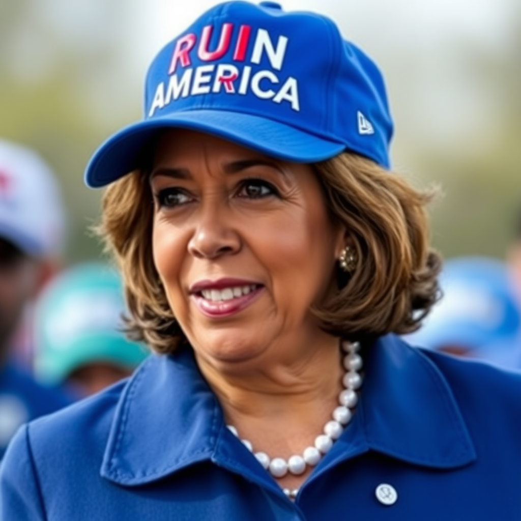 Kamala Harris wearing blue cap with text "RUIN AMERICA"