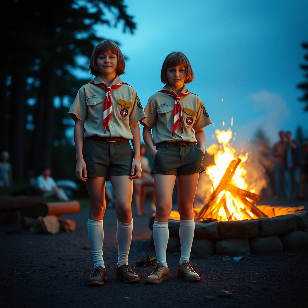 two tall 14yo teen boys, long bob cut, wearing American boy scout uniform with uniform matching very tight booty shorts, tube socks, shoes, long legs, narrow thighs. a campfire. full-length view. 1980s. photorealistic, ultra high resolution, 16K, Negative: grainy, blurry, bad anatomy, extra limbs, watermark.