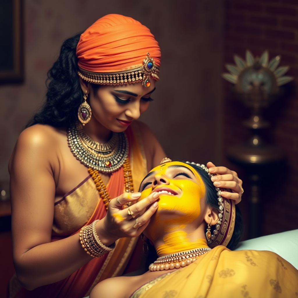 young cleopatra, working in beauty parlour, giving turmeric facial to rich, traditional indian wife