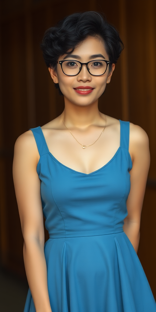 High-definition picture quality, a Chinese woman, short hair, curly hair, wearing glasses, small chest, full thighs, full hips, blue dress, black hair, full body shot.