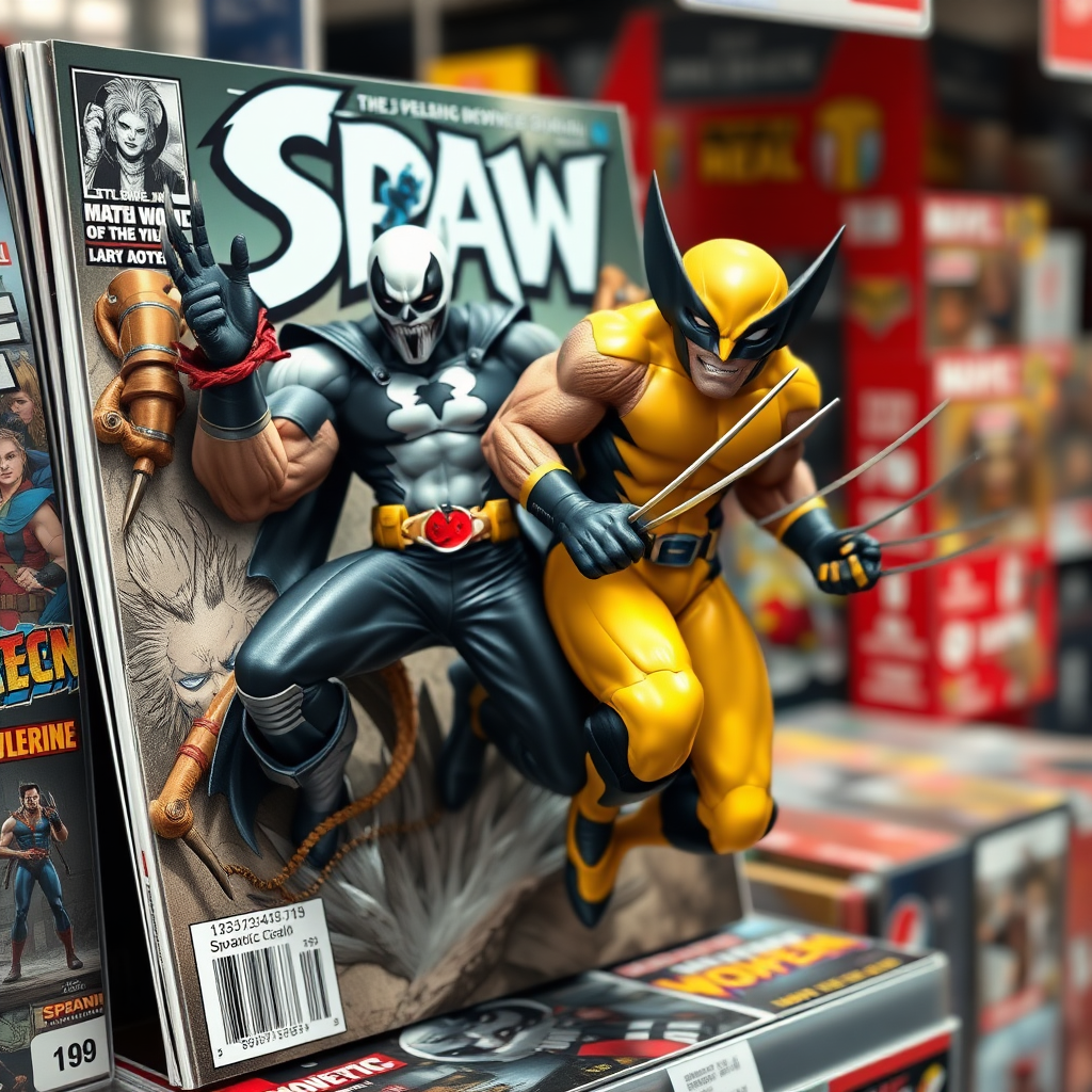 Jumping out of a Comic book cover on a store shelf is Spawn and Wolverine in Cinematic Real3D photo-realistic quality.