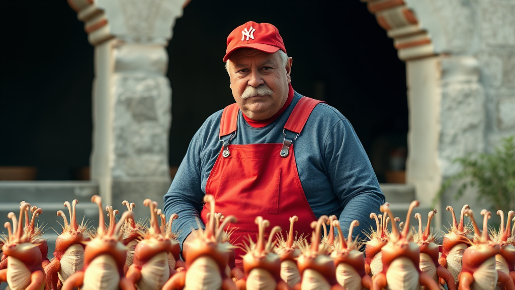 Exterior. Day. A dozen small red-shell creatures with ivory colored spikes surround a heavyset Italian man with a large mustache, red cap, and red overalls over a long-sleeve dark grey shirt.