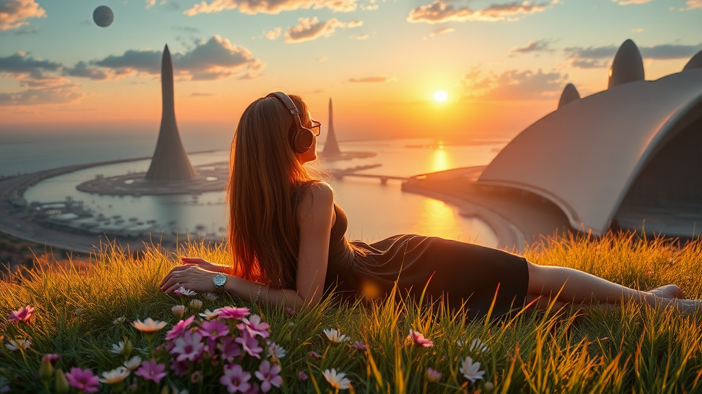 nice azian woman long hair, pretty short black dress, lay in the grass with flowers, with headphone, alien planet, aliens buildings, with nice greenery flowers and rivers, beach, nice sunset, highways and streets, ultra realistic view high detail