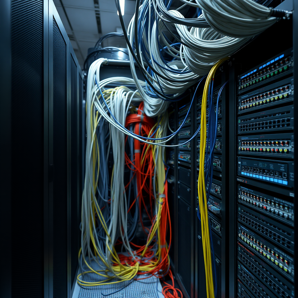 an image of a server room with cables from switches to patch panel