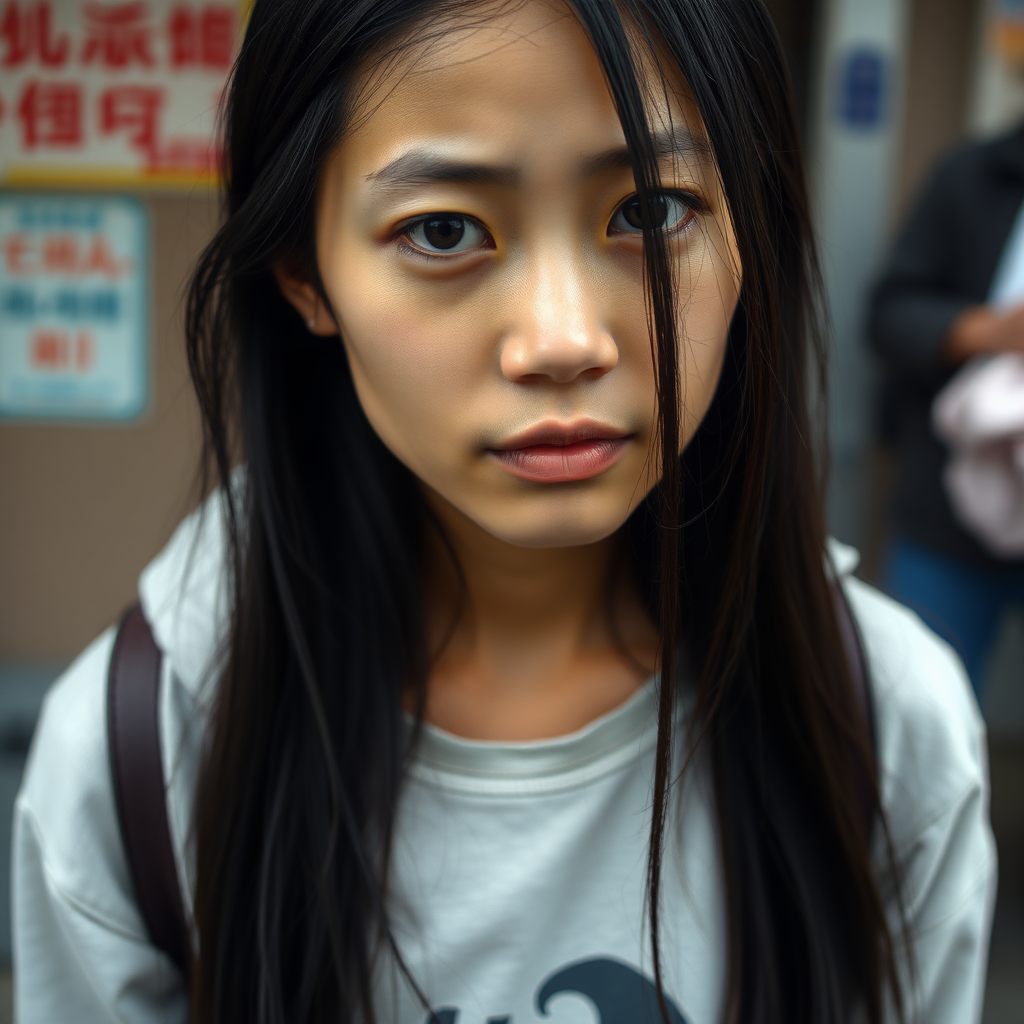 A young, very natural, sad and homeless Asian woman with long, jet-black hair and a very sad look is ashamed to look me in the eye.