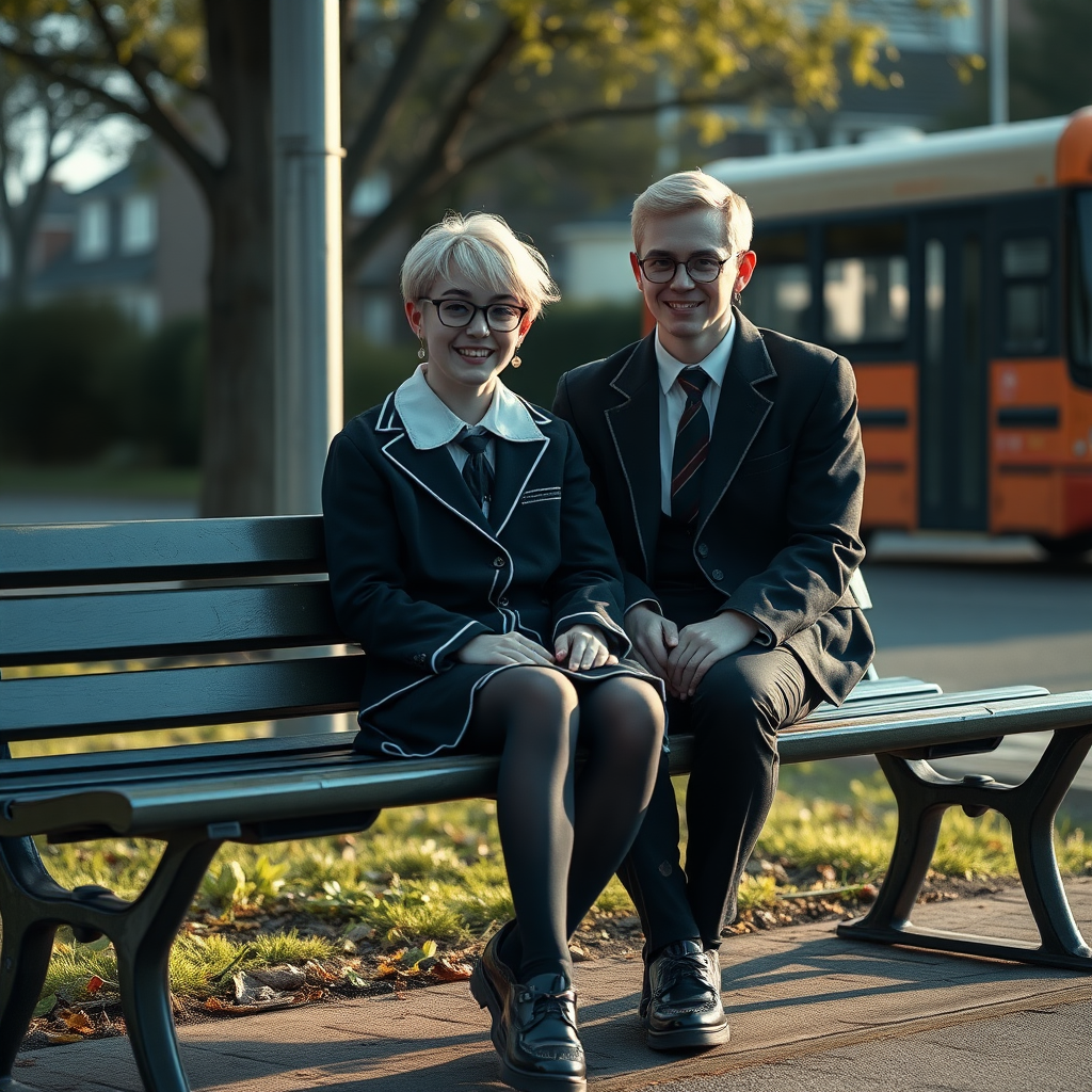 photorealistic, ultra high resolution, 16K, surreal fantasy, soft studio lighting, a pretty 18 year old goth male, slim male physique, short blonde hair, black glasses, goth makeup, earrings, shiny black pantyhose, UK girls-school uniform, Mary-Jane shoes, sitting on his boyfriend's lap on a bench waiting for the school bus, in daylight, excited smile, facing the camera.