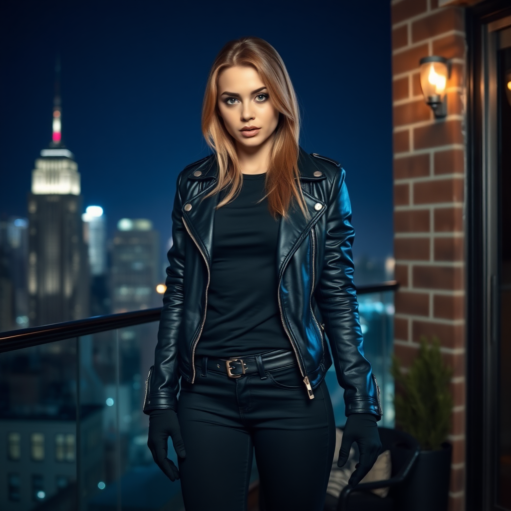 A beautiful thief girl in black leather jacket over black t-shirt with black tight jeans and gloves standing in a Manhattan penthouse at night.