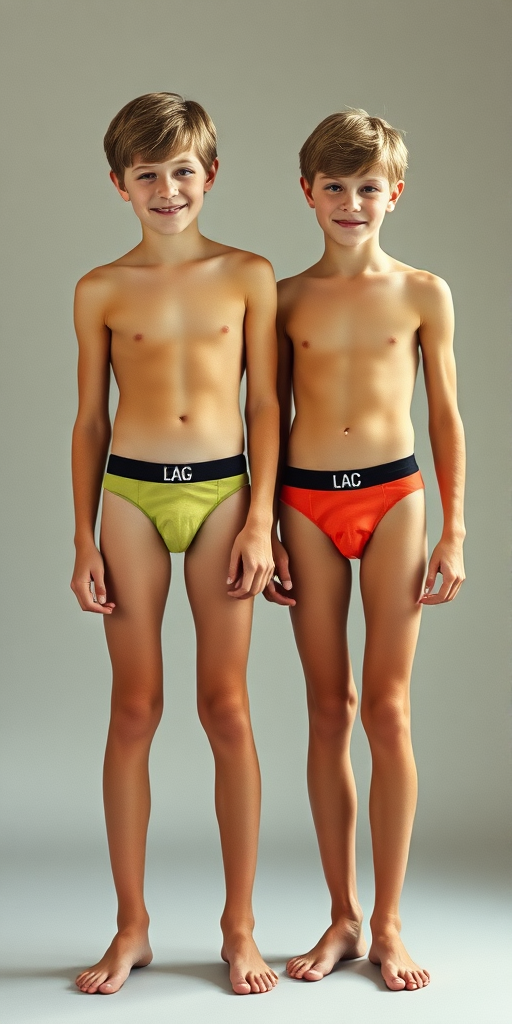 photorealistic, ultra high resolution, 16K. Two tall skinny 14yo teen boys wearing tight narrow girly briefs. Long legs, bare thighs, narrow hips. Vintage photograph, 1980s.