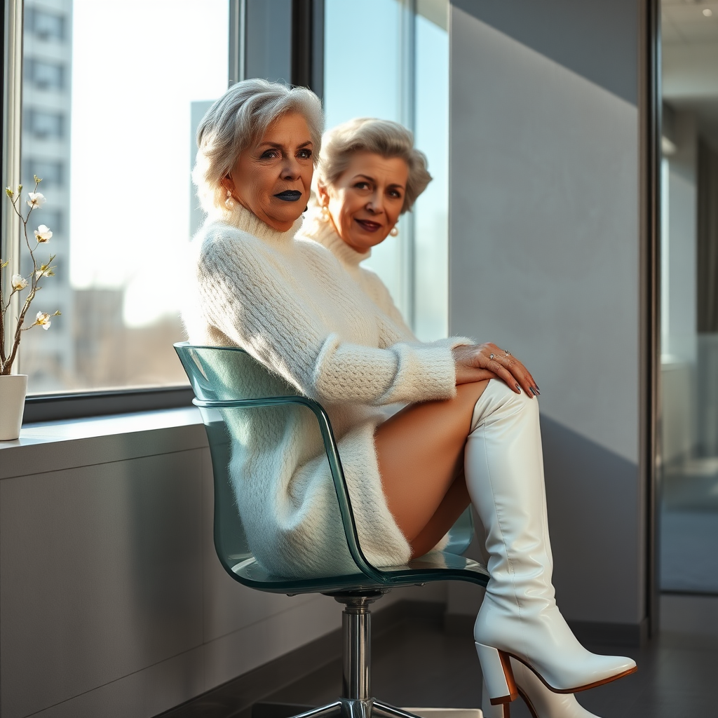 Sunny spring morning, modern glass-steel-concrete office, sitting on glass chair at wall, waiting for the master: Ana, European 90 years old tired femboy “trophy-bimbo”, tamed servile docile, very ugly feminine face, rather short woman figure, grey blond short tight curls, bold dark blue lips, heavily made-up face, long French nails, wearing Supertanya-style chunky fluffy very fuzzy dirty white plushy mohair figure-hugging turtleneck-knitdress with white pearl decoration, dirty white vinyl thigh-high boots with rotten heels, pearl earrings, aggressive, leaning forward presenting her assets, arrogantly looking at camera.