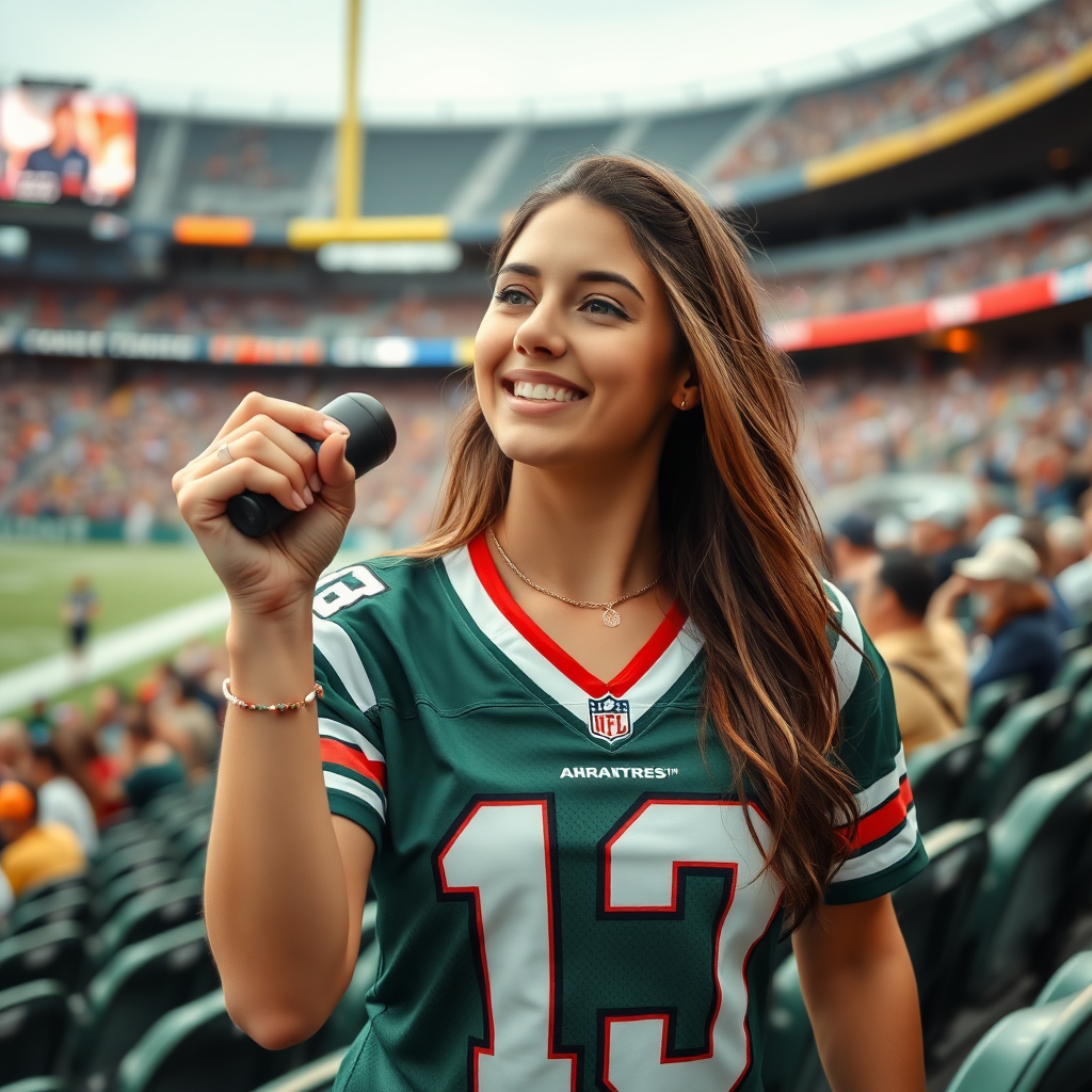 Attractive female NFL fangirl, jersey, stadium bleacher row, cheering during the match