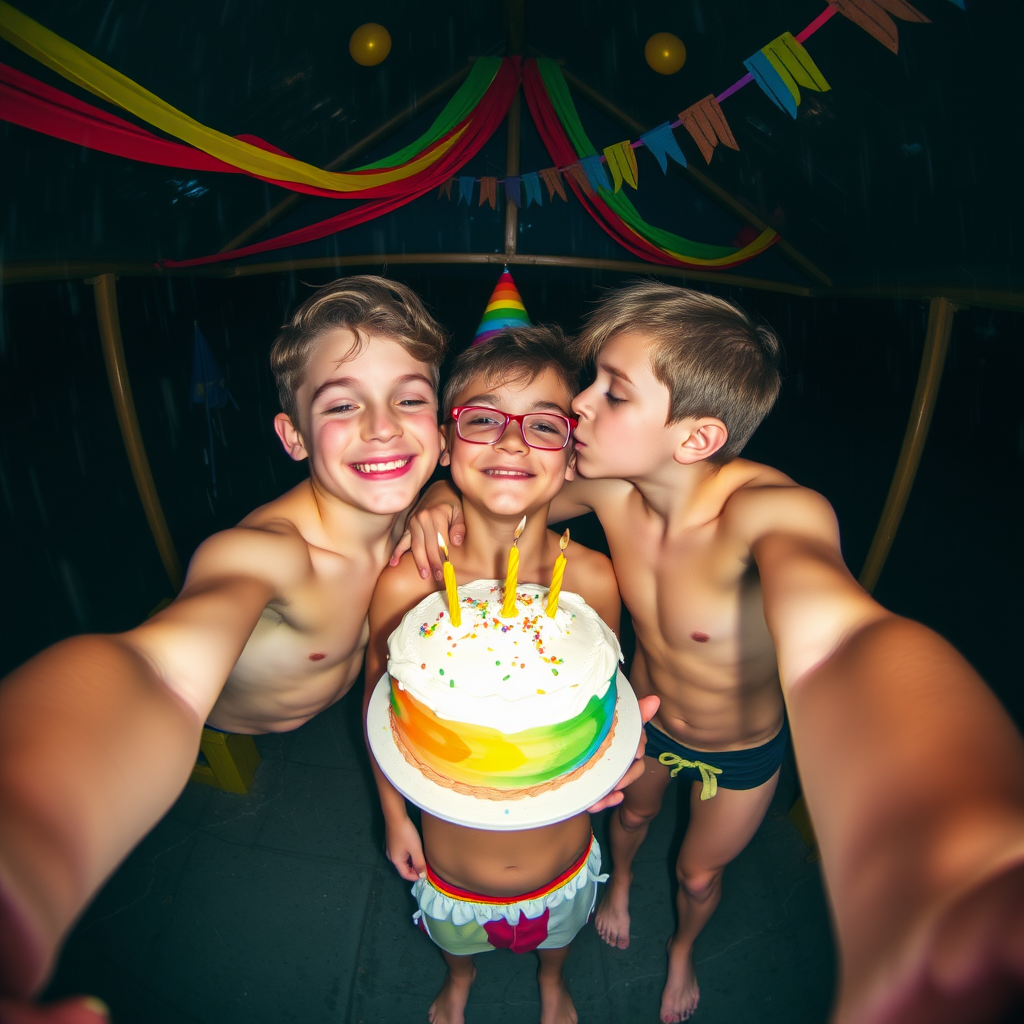 rainbow birthday party!, aerial selfie, selfie stick, night vision, friendly barefoot tween boy shirtless with adorable hair and freckles kissing his brother, they are sticky with icing like runny white mucous, shirtless and in tiny little fitted trunks, alone celebrating in a dark rainy picnic shelter at midnight, winking at the camera, rainbow decorations