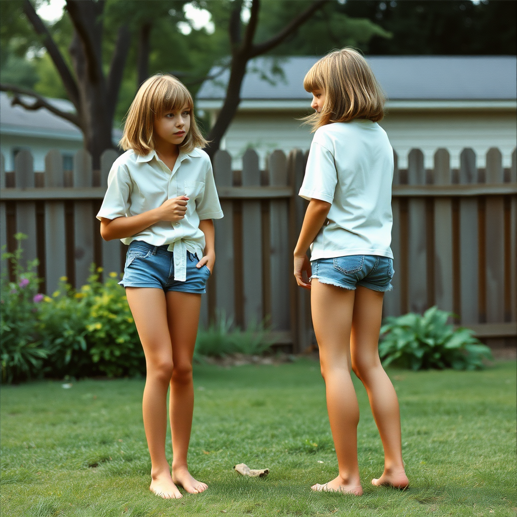 Two tall 14-year-old teen boys, long hair bob cut, wearing shirts and very tight booty shorts, long legs, narrow thighs, full-length view. 1970s. Playing in the backyard. Photorealistic, ultra high resolution, 16K. Negative: grainy, blurry, bad anatomy, extra limbs, watermark.