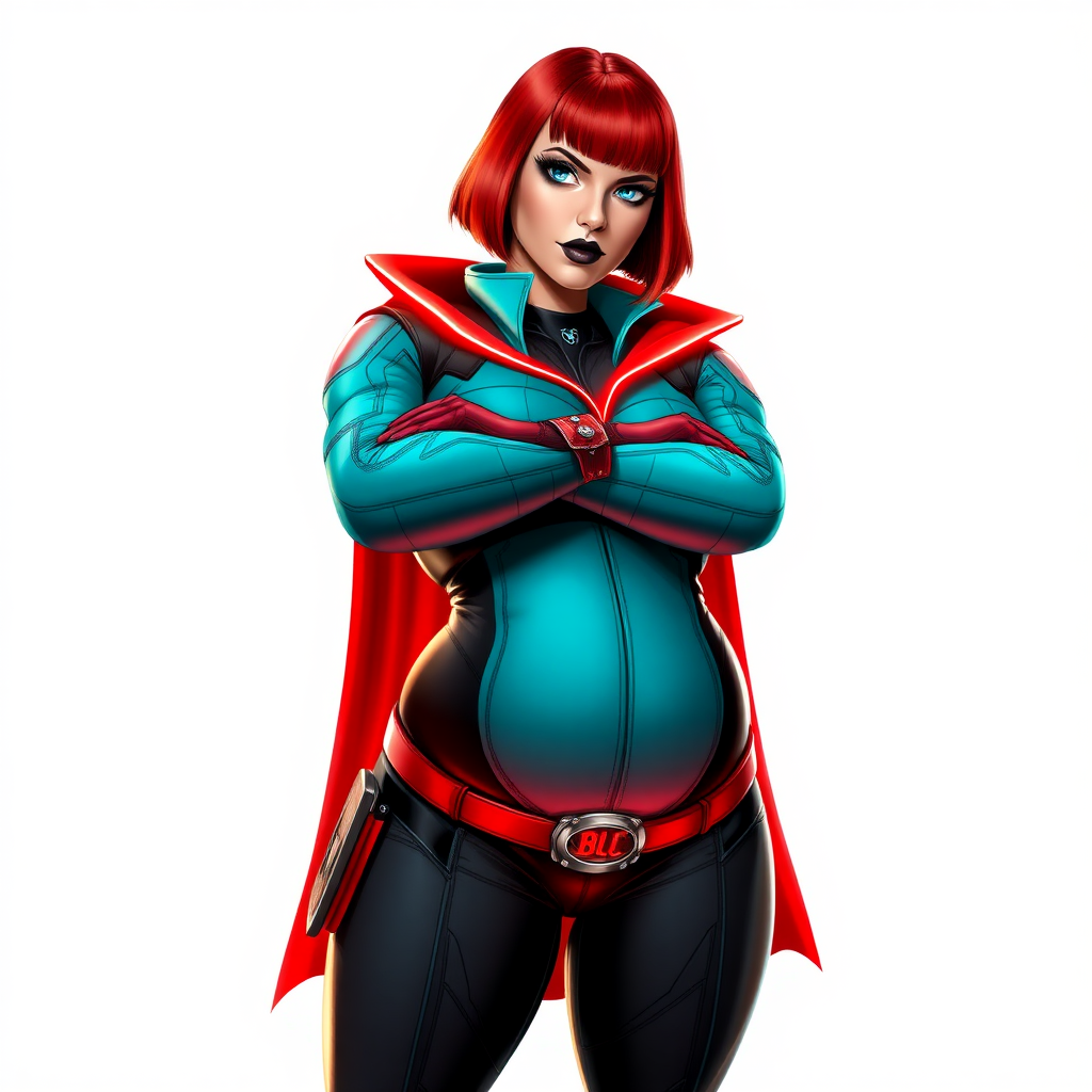 A 26-year-old, heavily-pampered, full-figured, mystical vigilante detective ally of her cyberpunk vigilante older brother figure with a bright red bob cut, black lipstick, and piercing bright blue eyes. She has a new non-athletic build, now highlighted by a prominent, round, gargantuan midsection (with the full emphasis on her gargantuan belly), which shows the aftermath of her pampering. Despite her new physique, she displays her usual confidence. She wears a huge, high-tech, tight-fitting, maximum turquoise biker suit (accentuating and emphasizing her gargantuan belly), complemented by a glowing neon red cape and high-tech red gloves. Her stance is firm and resolute, arms crossed, exuding a no-nonsense attitude. Her costume reflects the influence of DC New 52 Prime Earth’s Phantom Lady, Jennifer Knight, while her pose embodies the moral ambiguity and determination reminiscent of DC’s Pax Americana’s The Question. She is on a solid white background. She is drawn as if she was in a retro 2D cyberpunk fighting game. She is clearly non-athletic, with a focus on her full-figured physique. Her belly is fully bloated to emphasize her non-athletic figure. Make sure that her biker suit covers all of her bare skin (especially her gargantuan midsection).