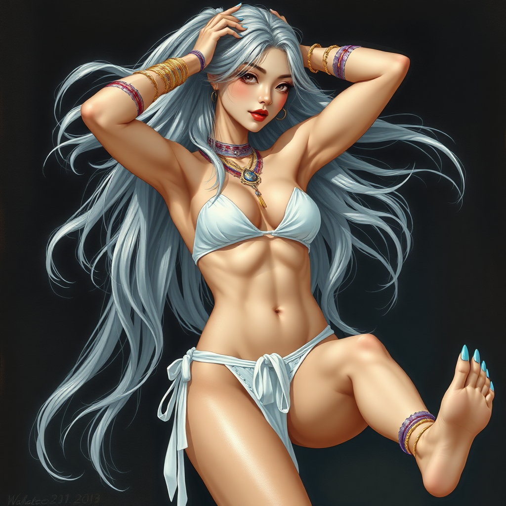 Girl, toned and muscular and has abs. silvery flowing hair. Her fingers and toenails are painted sky-blue. Her attire consists of a white primitive scant revealing two-piece bikini-like outfit with pale red, sky-blue, gold and purple bands on her neck, arms, wrists, shins, and ankles. Asian face. Sexy exaggerated pose. Hands behind head, exposing armpits. fantasy painting high contrast, well-drawn, highly detailed, and beautiful rendering. full body, raising leg