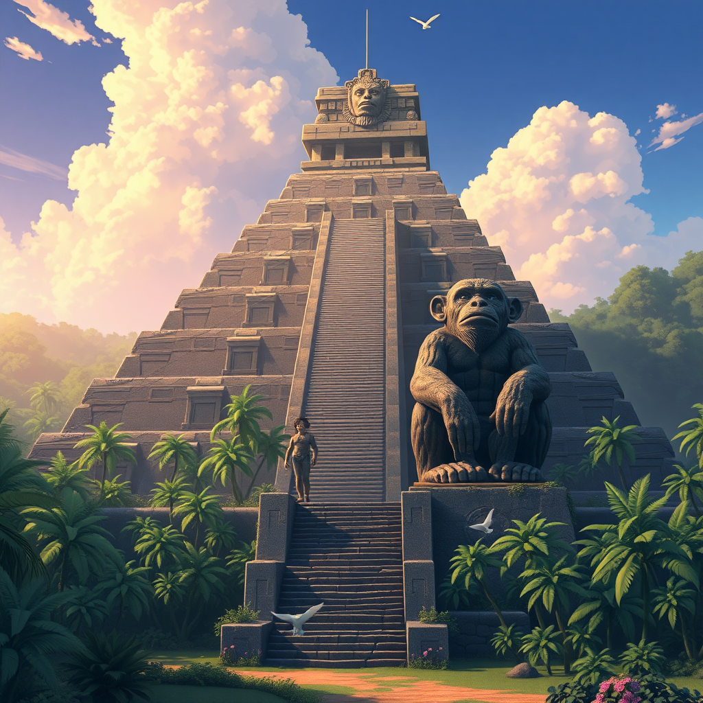 anime of a landscape of junglish-realm, ancient-mayan looking-city, a giant-colossal massive pyramid temple with 2 monkey-statues made of stone