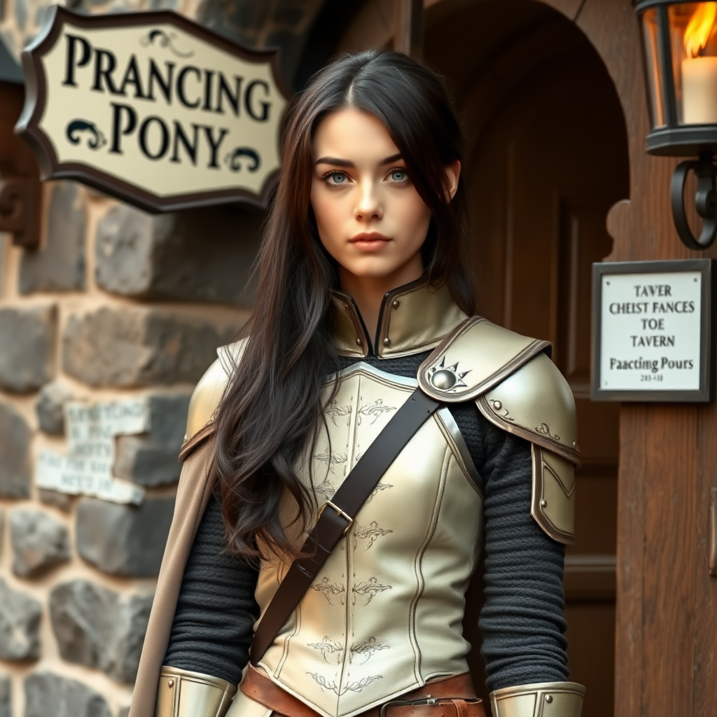 beautiful young woman, dark hair past her shoulders, blue eyes, small, slim figure, wearing light full leather armor suit, long cloak, standing next to medieval tavern with sign: "Prancing Pony".