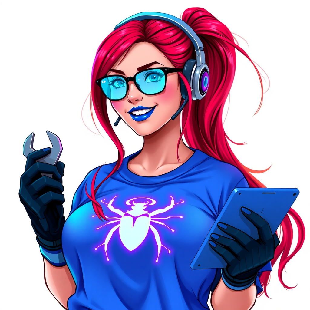 An intelligent and tech-savvy 29-year-old computer hacker and tech genius. She has a long ruby red ponytail. She wears maximum blue lipstick, blue eyes, a sapphire beetle gemstone necklace, sapphire earrings, black eyeglasses, hi-tech power gloves, and an oversized maximum blue t-shirt featuring a neon blue glowing beetle chest icon. She has a gargantuan full-figured physique with a prominent round gargantuan midsection, reflecting her well-cared-for lifestyle. She sports a sapphire headset with a hi-tech maximum turquoise lensed HUD, and a beaming smile accentuated by a passionate neon red blush. She serves as his tech expert from his hideout, holding a futuristic tool wrench and a futuristic digital tablet. The background is solid white. She is drawn as if she was in a retro 2D cyberpunk fighting game.