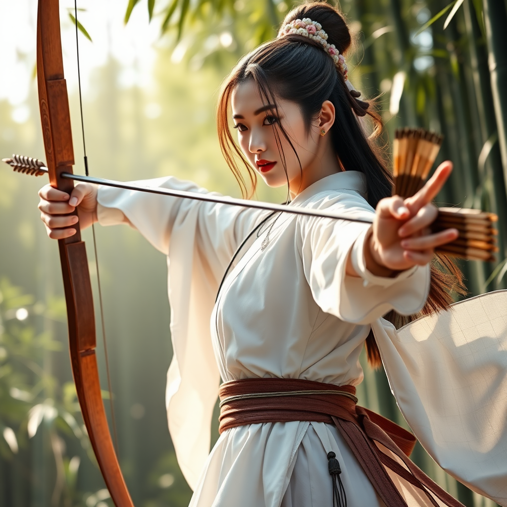 From a full-body perspective, a beautiful woman in the Tang Dynasty of China, a chivalrous woman, dressed in white, opened her bow and arrows, and was in the bamboo forest. Movie poster, game cg. Complete bows and arrows, don't be incomplete bows and arrows, don't have superfluous bow strings.