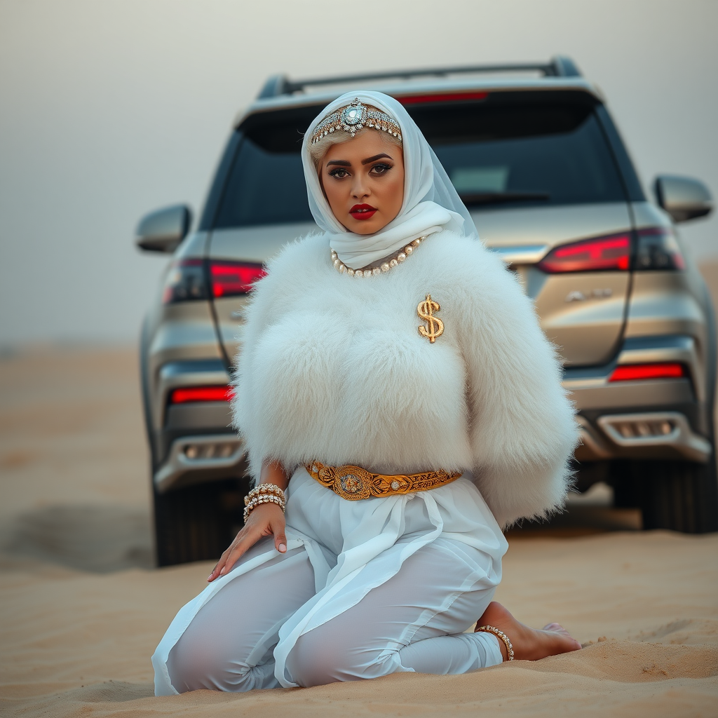 Kuwait desert dunes misty dawn, full size luxury SUV: Melissa, European 17 years old very convincing femboy “trophy-bimbo”, tamed servile docile, very beautiful feminine flawless face, rather short, by hormones very curvaceous womanly figured, platinum blond short tight curls, bold red lips, heavily made-up face, wearing Supertanya-style fluffy very fuzzy bright white angora turtleneck-poncho cropped ending under bust decorated with pearls and gemstones, striking oriental wide gold bridal protection belt, white fully transparent harem pants, full Oriental bridal jewelry including headpiece, white transparent Burka face veil covering noose and mouth, coin anklets, striking diamond “$$$” letter brooch on left chest, pout frustrated, hands tied behind back, kneeling in sand in front of SUV, looking at camera. Focus on face and turtleneck-poncho.