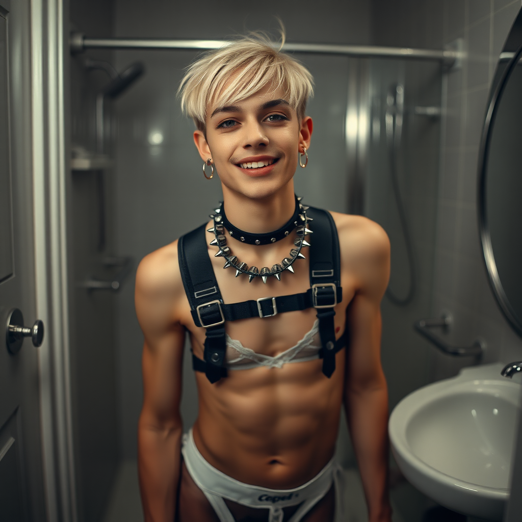 photorealistic, ultra high resolution, 16K, surreal fantasy, studio lighting, a pretty 16 year old goth boy, slim male physique, short blonde hair, goth makeup, earrings, pantyhose, harness, spikey dog collar and leash, trainer-bra, white ballet shoes, in the bathroom, excited smile, facing the camera.