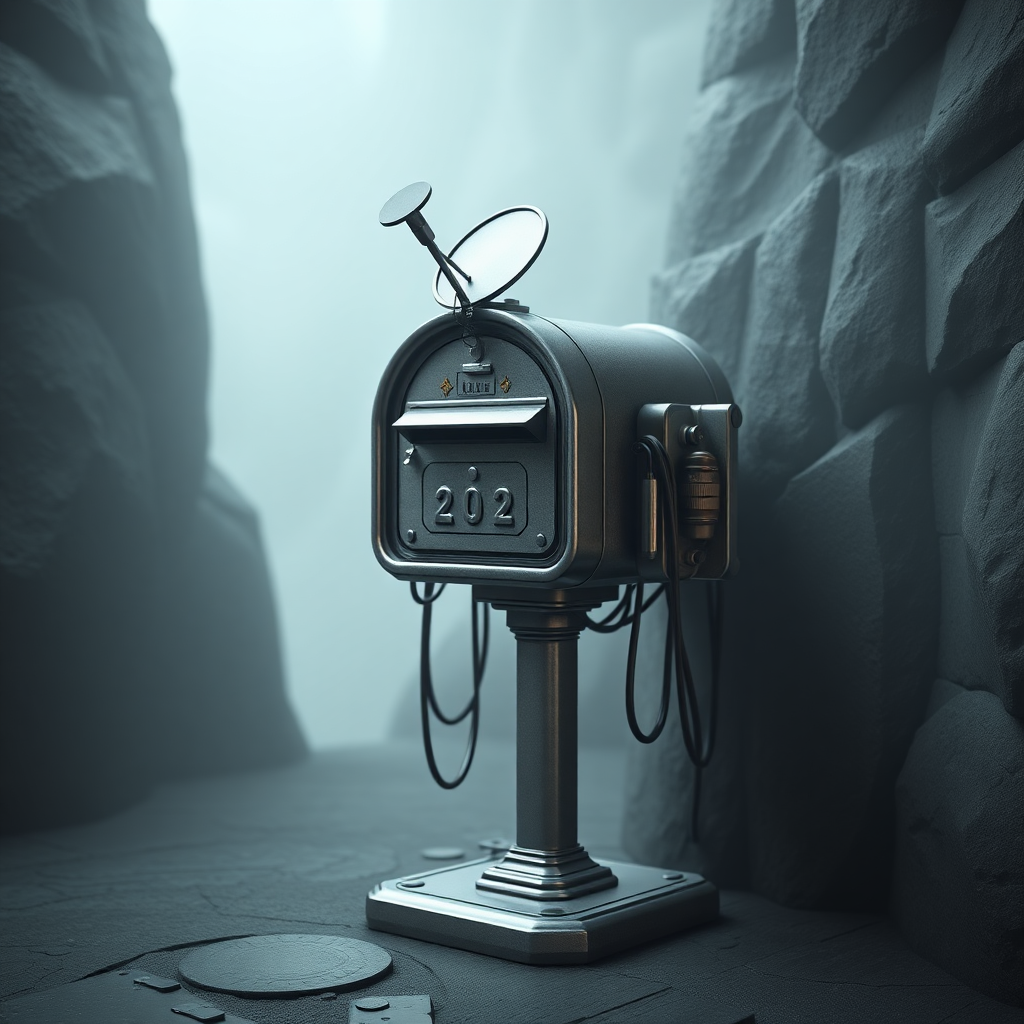 A full shot image of a stand, 3d model in unreal engine of a scifi interdimensional mailbox, vintage futuristic, small satellite dish on top, lots of cables