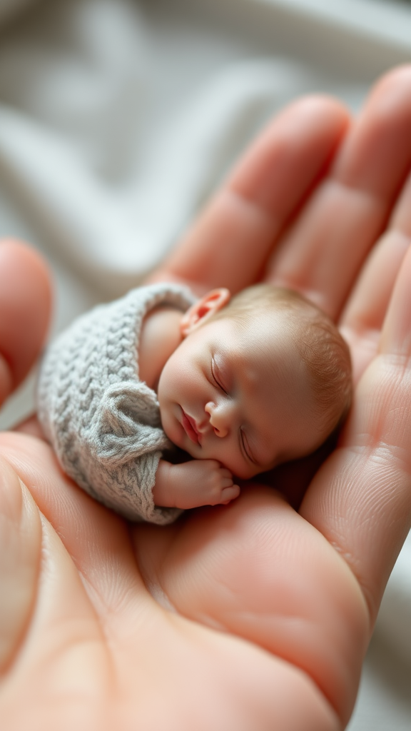 A cute mini little tiny miniature baby sleeping on hand