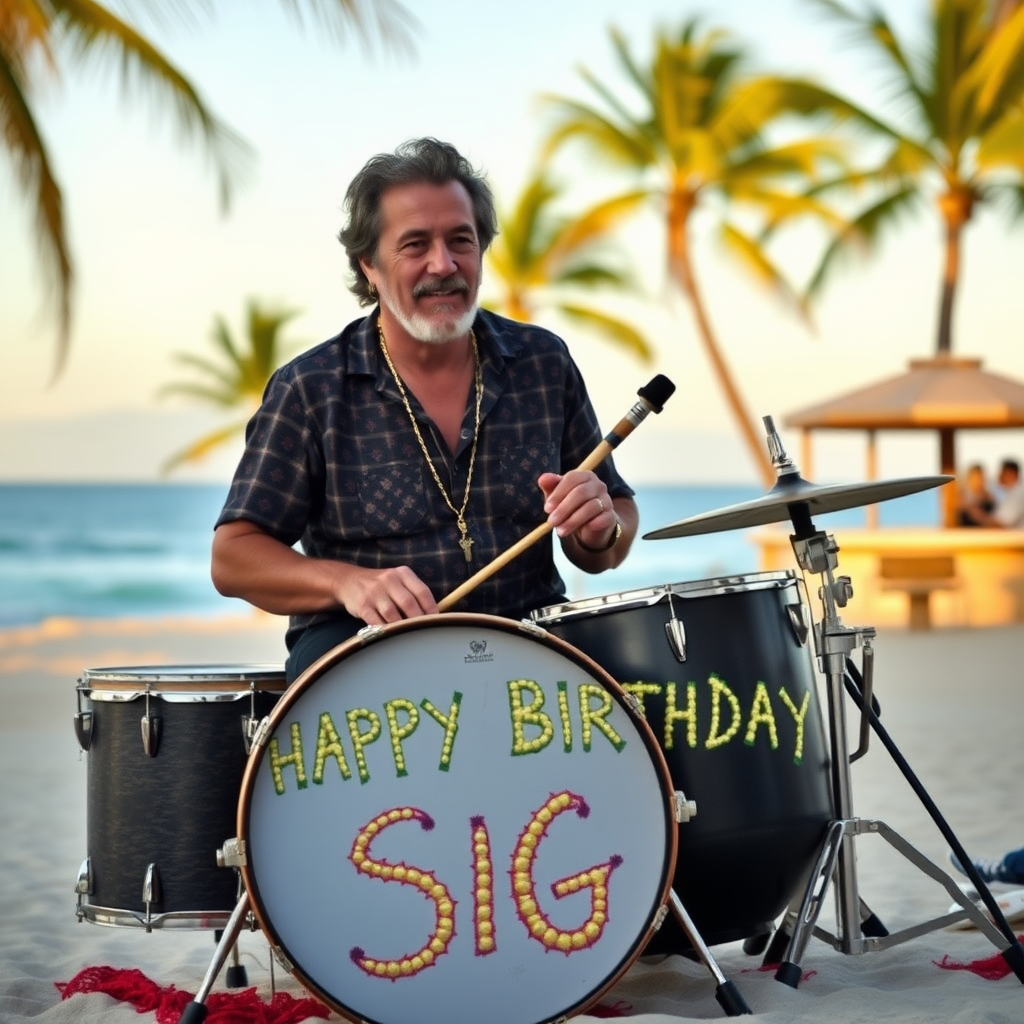 Peter Maffay sitting on drumset on beach with palms and bar, bassdrum spelling the words "Happy Birthday Sigi"