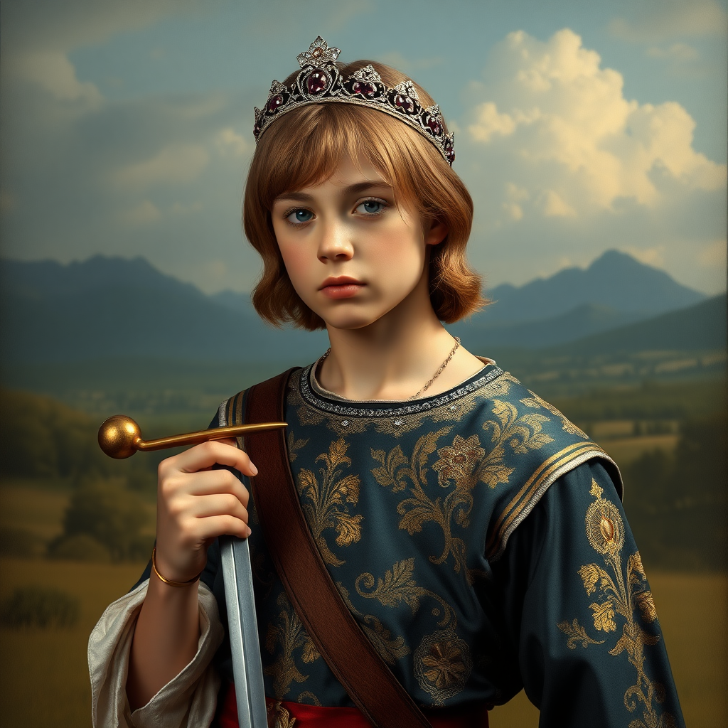 16yo teen boy prince holds his one small sword in a scabbard in his right hand by the hilt, long bob cut, embroidered with gold and diamonds medieval cloths, diamond diadem, natural Skin Texture, visualization of embossed Skin using the play of light and shadow. Free style by 50% Adolphe William Bouguereau and 15% Sandro Botticelli and 35% Otto Lomüller, The background is in the style of landscape style by Antonio del Polaiolo. Studio lighting, professional lighting. Generating the signature at the bottom: FluxBach. 16yo teen boy prince, right hand, holds, the hilt of the sword small sword, scabbard, ultra high resolution, 16K, ultra detailed photograph, 'lightgoldenrodyellow'