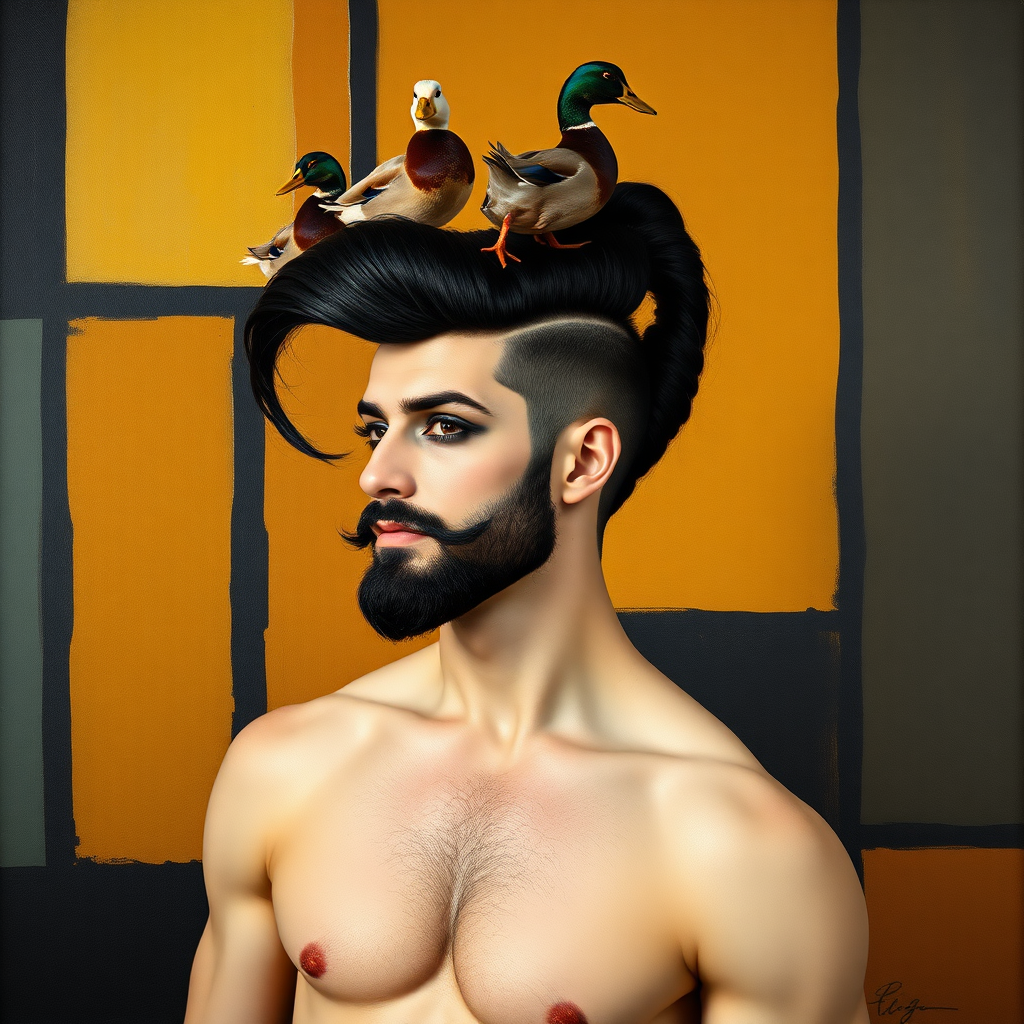 The background is a painting by Mondrian. A 4K hyper-realistic photograph in the style of Kandinsky, blending surrealism with kitsch. The subject is a man with an extravagant, French black haircut, styled in a flamboyant bun, paired with a sexy, masculine look. He sports a neatly groomed, three-day beard — short, evenly distributed, with a light shadow effect across the chin, jawline, and cheeks. His makeup is dramatic, like a drag queen, adding to the boldness of his appearance. He has a muscular, athletic build. He’s naked, standing confidently with a pose like a pin-up. Above him, smaller ducks rest playfully on his head.