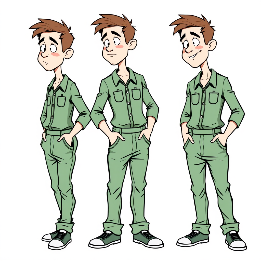 multiple views with progression, character design sheet, blushing shy nervous small 20 year old european skinny man wearing green long sleeve coveralls is trying to hide his excitement, bulging pants, 
long establishing shot, 2D, caricature, cartoon, Sketch lines, coloring book, black and white, coloring book style on white background, well composed, clean coloring book page, No dither, no gradient, strong outline, No fill, No solids, vector illustration, side view, vector illustration, empty space around each view