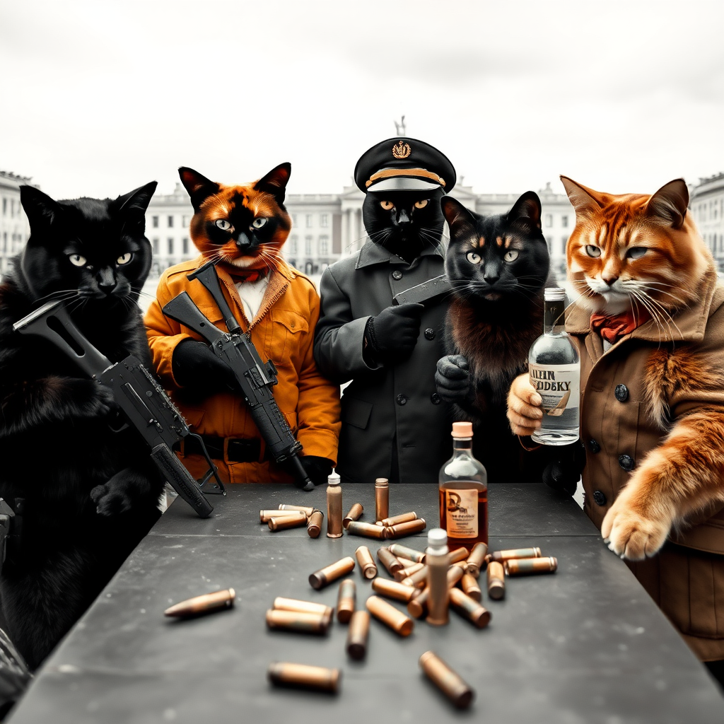 4 cat-men in a large square, a dark-skinned one holding an AK-47, an orange one with a Russian military cap, a dark brown one and a light brown one, Soviet communist with vodka, around a table with bullet casings on it (black and white photo style)