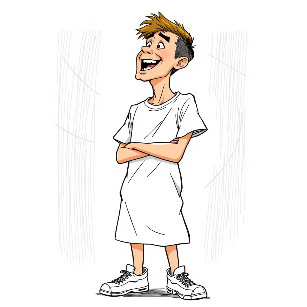 nervous short 20 year old european skinny man, short white t-shirt, standing, stunned, mesmerized, joyful, heavy drooling, heavy sweating, rope climbing, side view, sneakers, detailed feet, 2D, caricature, cartoon, Sketch lines, coloring book, coloring book, colorful image,