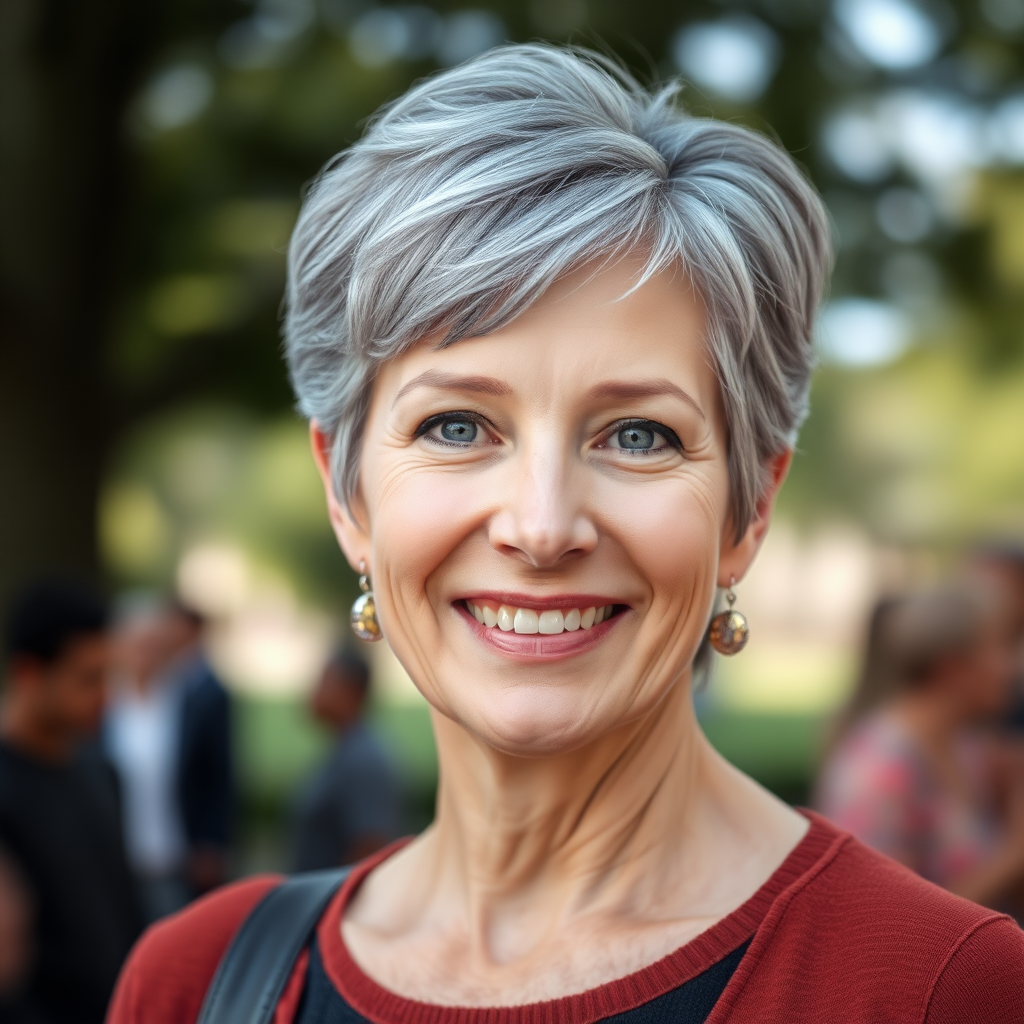 Positive Prompts: Professional portrait of a middle-aged woman with short gray hair, warm smile, and kind eyes. Natural outdoor lighting, shallow depth of field, bokeh background of a park. High-quality DSLR photo, sharp focus on the face. Negative Prompts: young appearance, long hair, indoor setting, harsh lighting, blurry focus, multiple people, accessories, hats, glasses