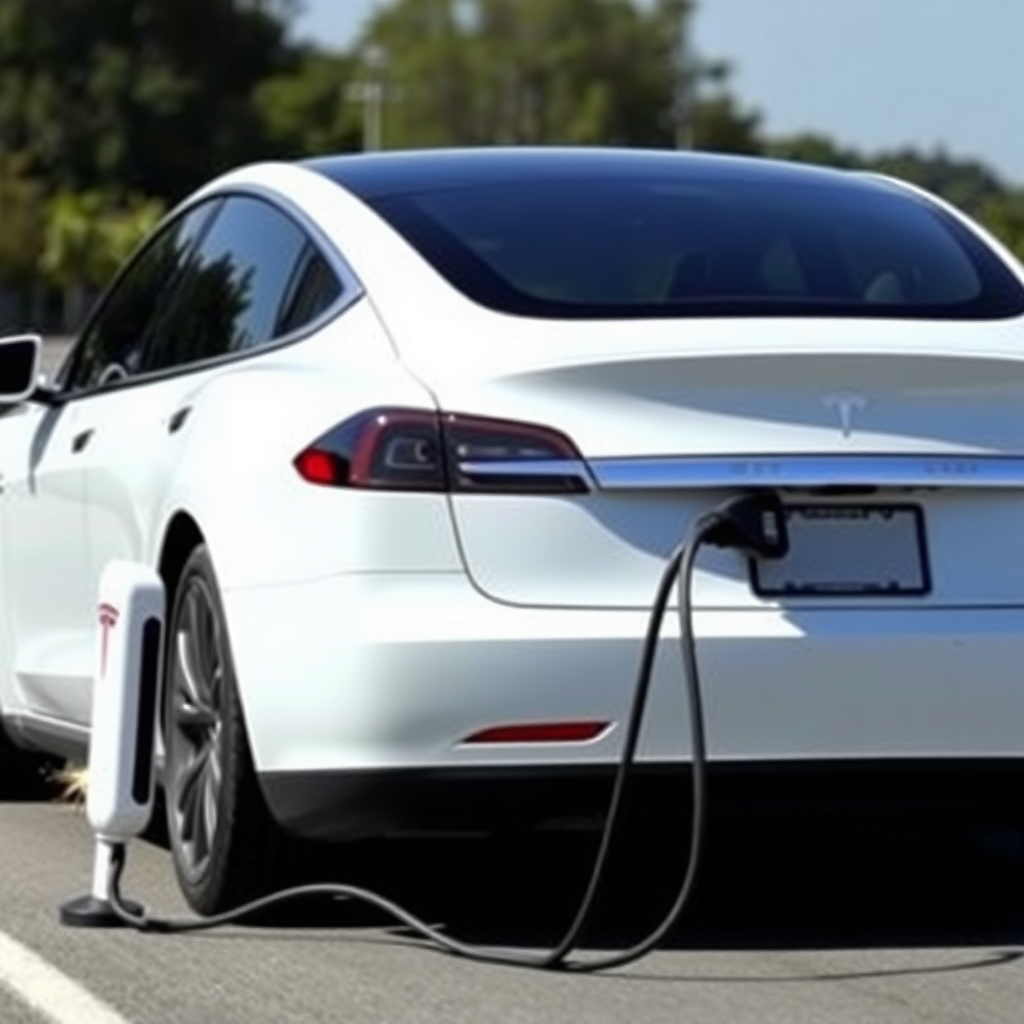 A woman driving a white Tesla with the charging cable still plugged into it because she forgot to unplug it before driving off. The car is in motion, on the road, with the entire Tesla Megacharger still attached, being dragged behind the car, sparking.