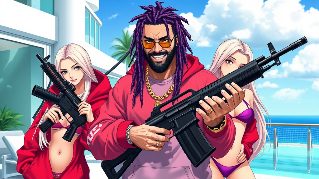 A high-quality anime art scene, a white thug male with purple dreadlocks, golden grills, holding 2 AK-47s, in a modern-day mansion outside in Miami Beach, there are two white girls, long blonde hair, with micro-bikinis and G-strings next to him wearing red Bape hoodies.