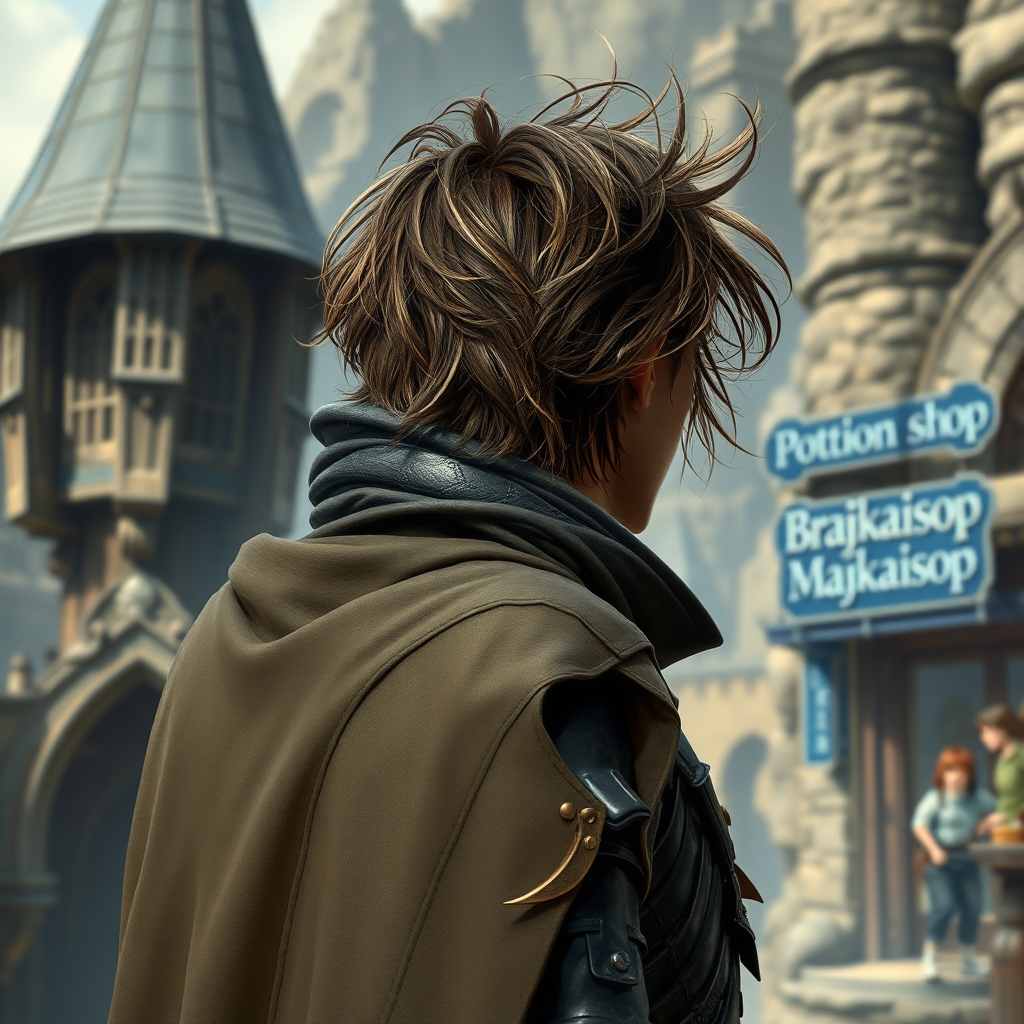 A wide distance shot from behind of a fantasy warrior in dark leather armor and a cloak with head on backwards. dungeons and dragons port called waterdeep. mage tower in the background. potion shop with a blue sign with the word "Brajkaisop". messy shoulder length hair tussled by wind.  photorealistic, digital matte painting, wlop