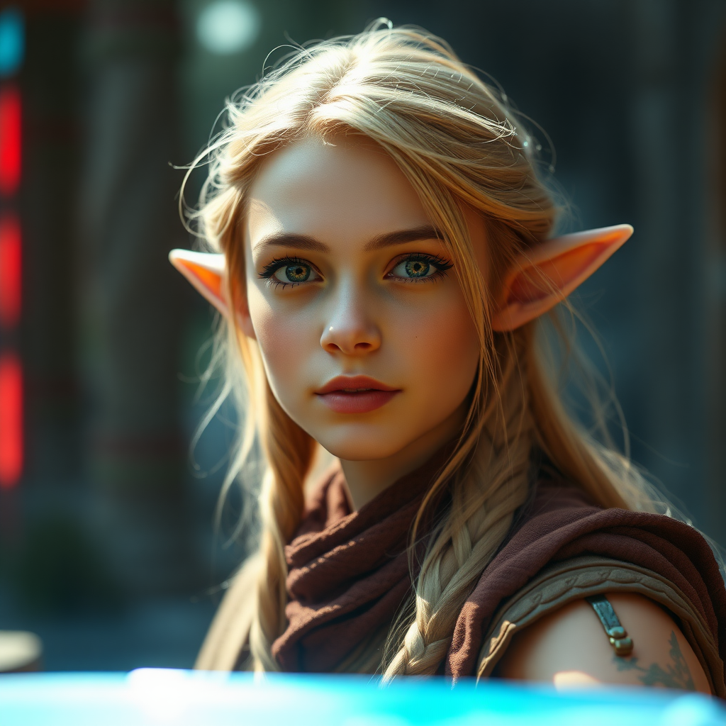 A twenty-something elf girl like (Deedlit from Record of Lodoss War), a character come to life. Photo-real, film grain, lens flare, chromatic aberration