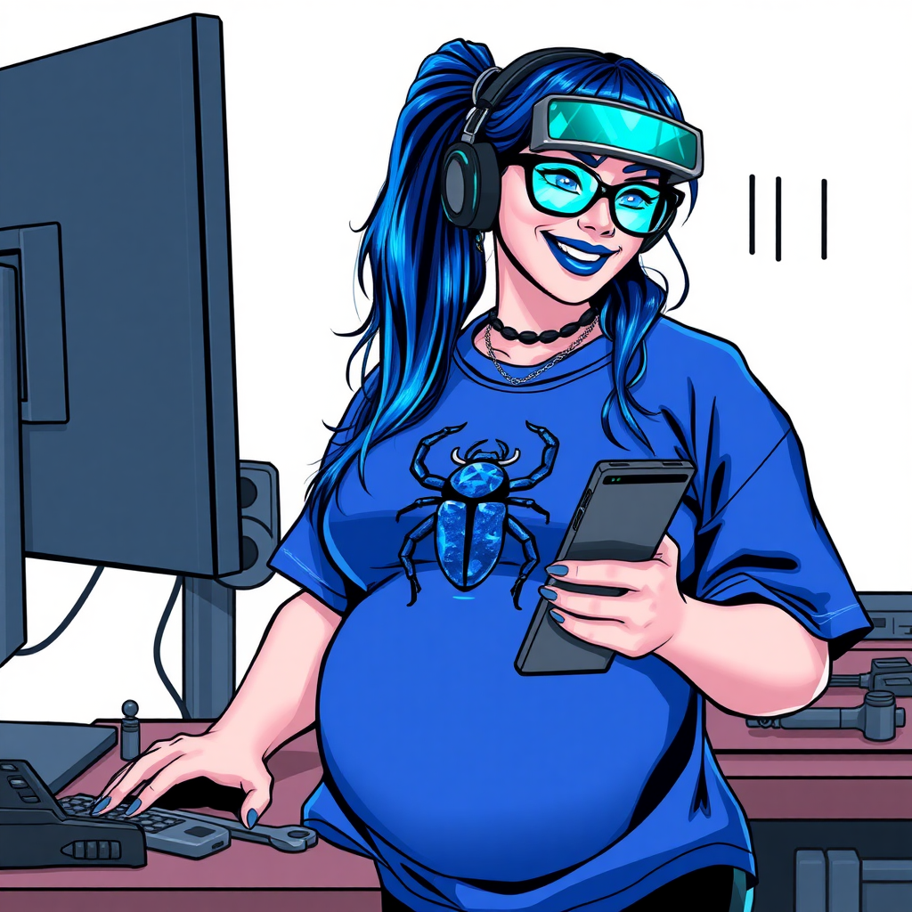 A cyberpunk vigilante’s full-figured intelligent and tech-savvy 28-year-old girlfriend, who is a computer hacker and tech genius. She has a long maximum blue ponytail. She wears maximum blue lipstick, blue eyes, a sapphire beetle gemstone necklace, sapphire earrings, black eyeglasses, and an oversized maximum blue t-shirt featuring a blue sapphire gemstone crusted chest icon of a beetle. She has a full-figured physique with a prominent, round belly, reflecting her well-cared-for lifestyle. She sports a sapphire headset with a hi-tech maximum turquoise lensed HUD, and a beaming smile. She serves as his tech expert from his hideout, diligently working at her workbench and computer desk, while holding an electronic wrench and a holographic computer tablet. The background is solid white. She is drawn as if she was in a retro 2D cyberpunk fighting game. Ensure her maximum blue t-shirt covers her belly.