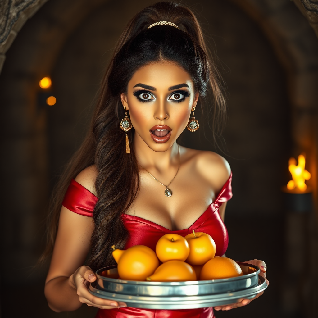 realistic photo of a surprised Arabian model with mouth open looking at the camera. She has very large eyes, black eyeshadow, black eyeliner, fake eyelashes, very tanned skin, very long hair. very high ponytail, she look likes princess jasmine, shinny red off shoulder crop top. photo realistic. She holds a metal tray with fruits just above her waist. crop top, shinny red skirt. full body view. shinny red pencil skirt. dungeon with fire torches in the background.