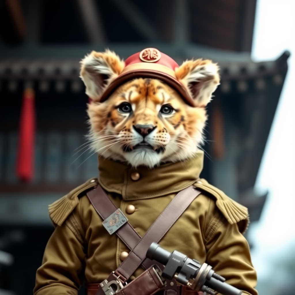 Lion cub dressed as a Chinese soldier