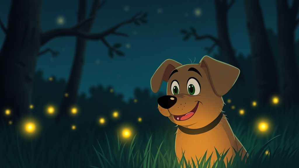 A dog at night with some fireflies around animation