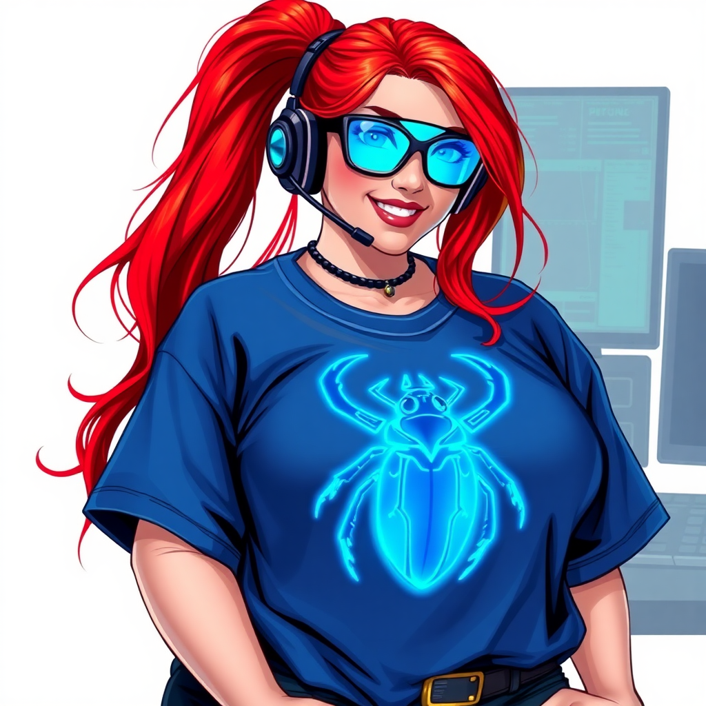 A cyberpunk vigilante’s full-figured intelligent and tech-savvy 29-year-old girlfriend, who is a computer hacker and tech genius. She has a long ruby red ponytail and bright blue eyes. She wears a sapphire beetle gemstone necklace, and an oversized maximum blue t-shirt featuring a giant neon blue glowing icon of a beetle on its chest. She has a full-figured physique with a prominently, gargantuan, well-rounded midsection, reflecting her well-cared-for lifestyle. She sports a sapphire headset with hi-tech maximum turquoise lensed HUD visor, black eyeglasses, and a beaming smile with a passionate bright red blush. Despite her figure and a lack of self-esteem, she radiates an air of beauty. She has a slim face which contributes to her radiant beauty. She serves as his tech expert from his hideout, diligently working at her lab table and computer desk. The background is solid white. She is drawn as if she was in a retro 2D cyberpunk fighting game. Ensure her shirt covers her midsection.