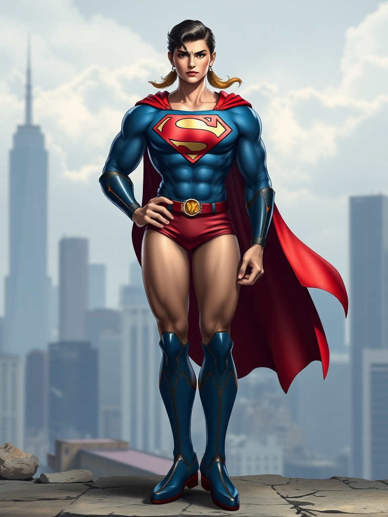 Create a full-length image of Superman with the female body traits of R Mika from Street Fighter. Retain Superman's original head and face, but emphasize his torso, which should have a muscular, athletic build resembling R Mika's physique. Incorporate elements from R Mika's costume, such as her signature leotard, knee-high boots, and accessories, while retaining the core elements of Superman's iconic costume, including the cape, boots, and "S" emblem. The background should be an urban setting, such as a city skyline or a bustling metropolis, which would be an appropriate environment for both characters.