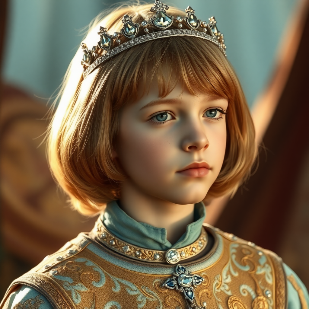 16yo teen boy prince, long bob cut, embroidered with gold and diamonds medieval cloths, diamond diadem. photorealistic, ultra high resolution, 16K,