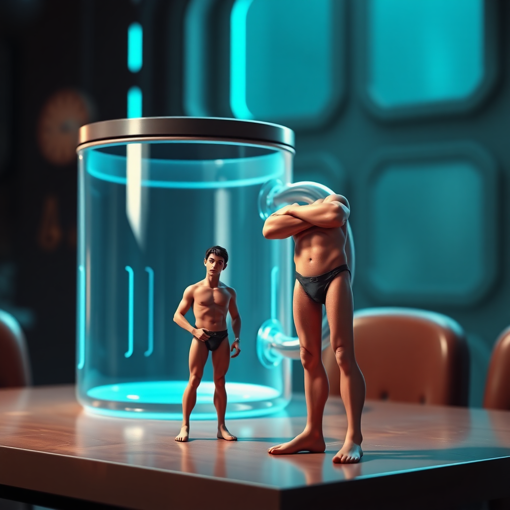 Sci-fi digital art. Tiny naked man standing on table near a futuristic mug that looks large compared to him. Looking up at the viewer with arrogance.