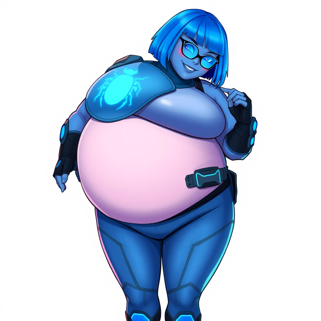 A 28-year-old, full-figured, metallic maximum blue (5PB 5/10) skinned computer program hybrid with a maximum blue bob cut. She has a non-athletic build, highlighted by a prominent, round, large midsection (with a full emphasis on her round large belly), which shows the effects of her love of junk food acquired from her boyfriend. As the full-figured, nerdy, digital sidekick to her cyberpunk vigilante boyfriend, her metallic maximum blue skin and maximum blue lipstick (5PB 5/12) emphasize her digital nature. Her skin has a subtle, animated glow, with digital patterns occasionally flickering across it, making her digital nature obvious. She wears a digital, computerized costume, consisting of a huge, tight-fitting, maximum blue tank top (5PB 5/10) with a neon blue glowing chest icon of a beetle, hi-tech shoulder pads with neon blue accents, a black hi-tech belt with a digital neon blue glowing buckle, digital maximum blue pants (5PB 5/12) with neon blue accents, and black hi-tech fingerless biker gloves with neon blue glowing accents. Her neon blue glowing eyes, black eyeglasses with neon blue glowing lenses equipped with a built-in HUD, and bashful smile with neon red blush accentuate her nerdiness. She stands bashfully with one hand behind her back and the other hand gently touching her cheek, her costume covering all her skin and fully emphasizing her full-figured physique (especially her belly). She is clearly non-athletic, with a focus on her full-figured physique. Despite her build, she radiates beauty. She has a slim face compared to her physique, accentuating her radiant beauty. She is on a solid white background. She is drawn as if she were in a retro 2D cyberpunk fighting game. Ensure her skin has a maximum blue (5PB 5/10) skin tone.