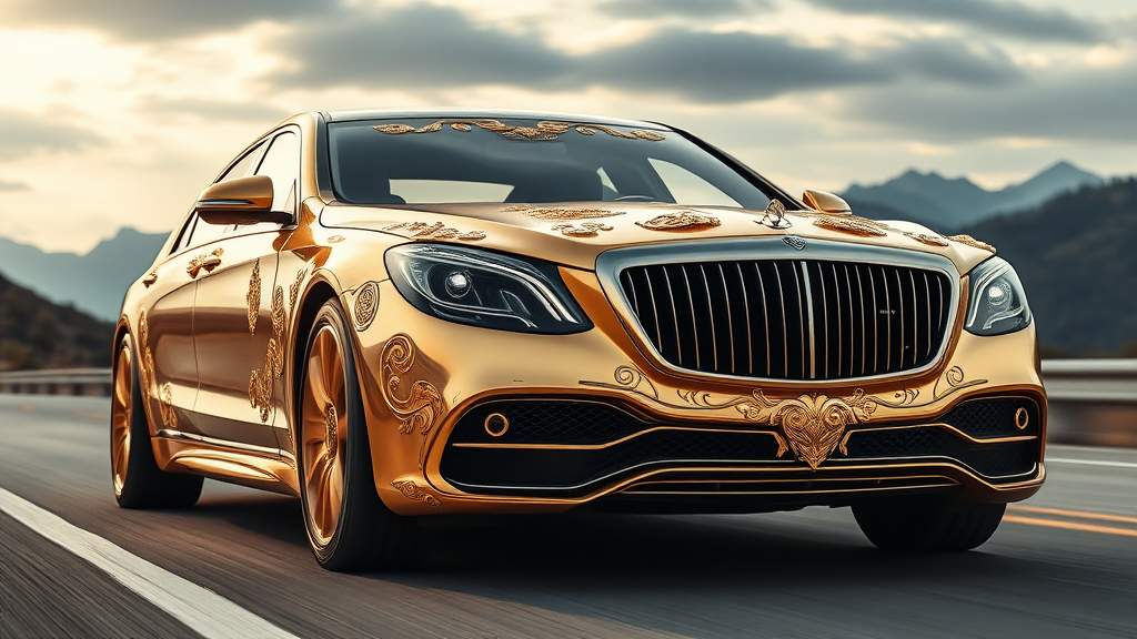 futuristic maybach s680 sedan, A luxurious, gold-plated car adorned with intricate, ornate designs and carvings. The vehicle features prominent headlights and a distinctive front grille, showcasing a fusion of elegance and extravagance. Set against a backdrop of mountains road motion blur