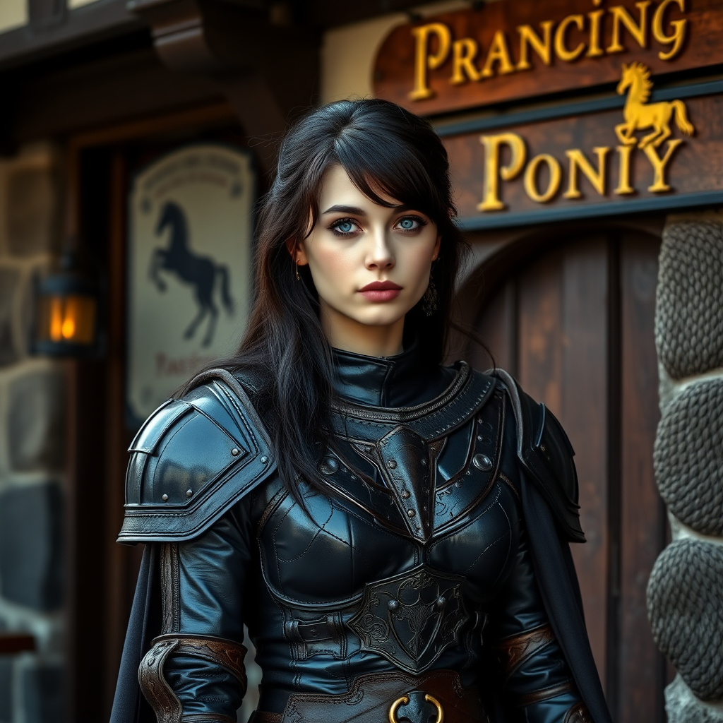 beautiful young woman, dark hair past her shoulders, blue eyes, small, slim figure, wearing full leather armor suit, long cloak, standing next to medieval tavern with sign: "Prancing Pony".