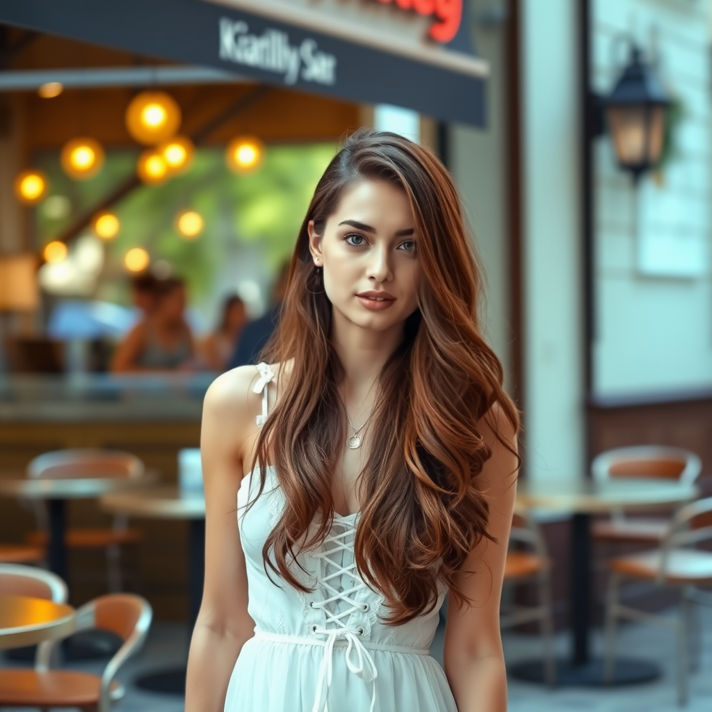 A young woman with brunette hair just passing a café, pale blue eyes, translucent white dress and white lace up high heels. photo