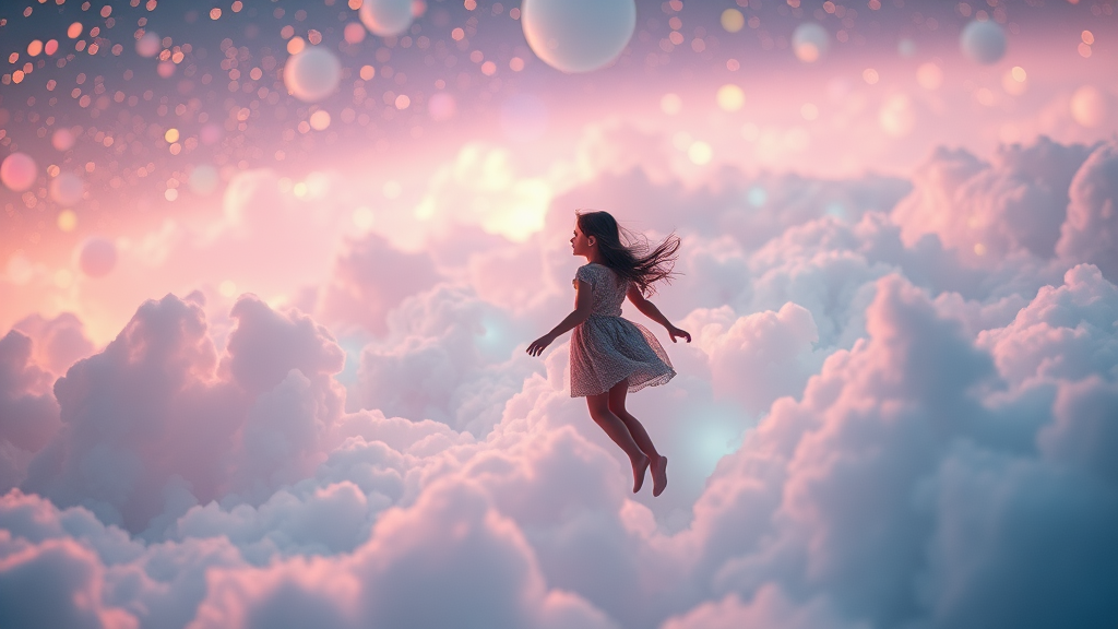 mandelbulb clouds, microscopy, Low Key Lighting, dreamscape, nebula, Bokeh, abstract, brilliant colors, glittering, translucent, iridescent, glowing, artistic photo, panoramic, airy, original, experimental, interdimensional, generative art, fractal, calm, preteen girl floating in the distance